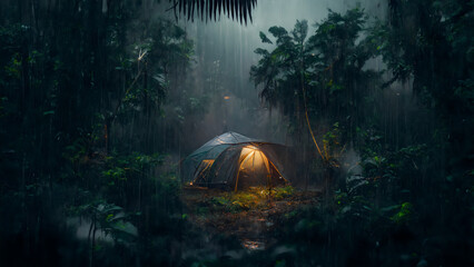 rain on the tent in the forest, tropic, quiet, calm, peaceful, meditation, camping, night, relax - obrazy, fototapety, plakaty