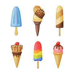 Ice Cream in Waffle Cone and on Stick as Frozen Dessert and Sweet Snack Vector Set