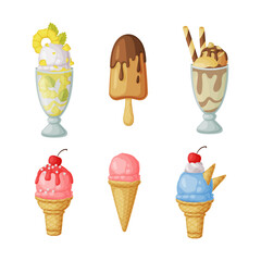 Ice Cream in Waffle Cone and on Stick as Frozen Dessert and Sweet Snack Vector Set