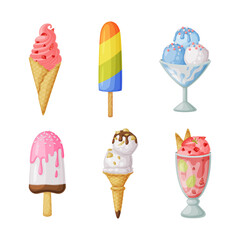 Ice Cream in Waffle Cone and on Stick as Frozen Dessert and Sweet Snack Vector Set
