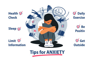 Self care concept. Tips for anxiety management. Woman with anxiety disorder. Vector illustration.