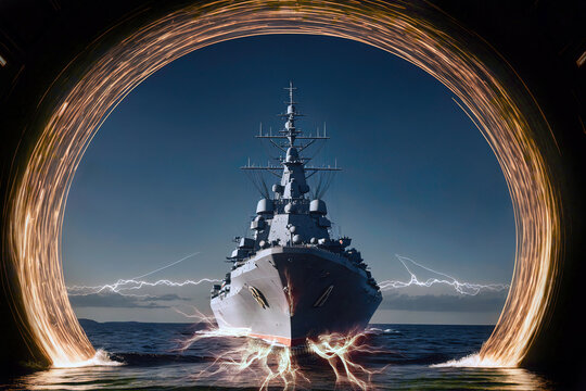 front view of battleship sourounded by circualar energy and electrical high voltage field as in the philadelphia experiment to achieve electromagnetic cloak and white energy beam of light from top, ge