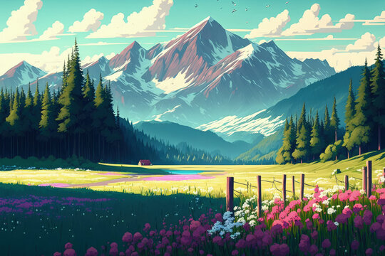 A picture perfect Alps scene with lush, green meadows, blooming flowers, and snow capped mountain peaks in the distance. Generative AI