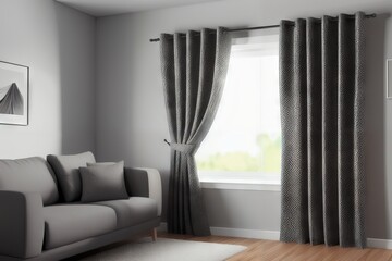 Modern curtains and grey sofa in a minimalistic living room, Generative AI
