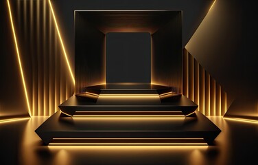 3d render, abstract background, black and gold, luxury podium. Generative AI
