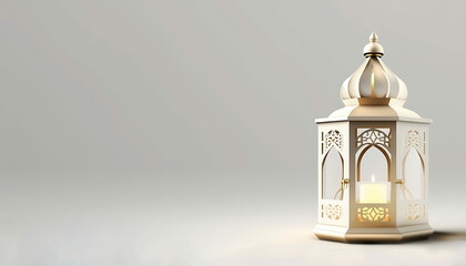 Fototapeta premium White gold Islamic light lantern flat background, with copy space area. Generated with AI. Suitable to use for Ramadan or Eid al-Adha and Eid al-Fitr event
