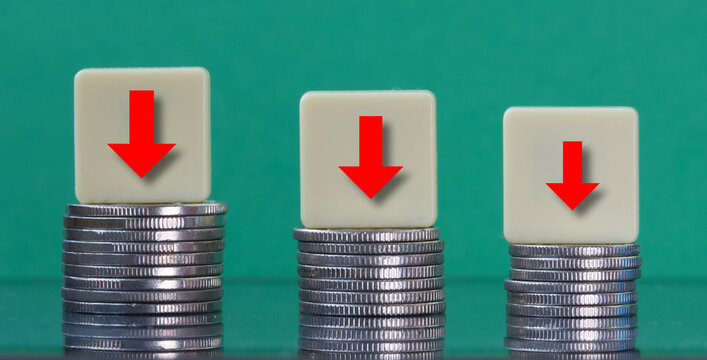 Descending Stack Of Coins with blocks and red arrows. 