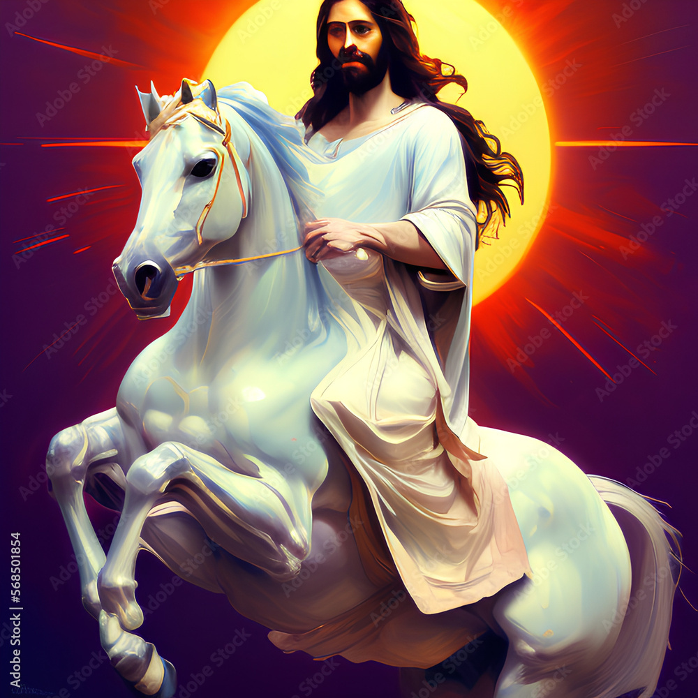 Wall mural jesus mounted on a white horse.