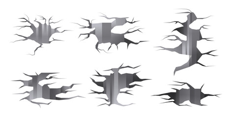 Ground cracks set. Earthquake and ground cracks, hole effect, craquelure and damaged wall texture. 3D holes and fissures in concrete, destructed fractured wall. Broken surface templates set.