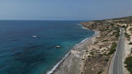 Fototapeta premium Fascinating Aphrodite Beach. The view from the drone. Breathtaking views of Cyprus.