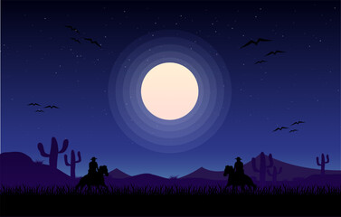 Fototapeta na wymiar Wild Western Texas night desert with Moon background illustration, Midnight desert Landscape illustration vector