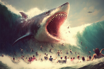 illustration painting of giant shark attacks people in the sea (ai generated)