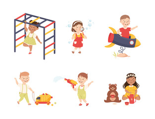 Smiling Boy and Girl Playing and Having Fun Vector Set