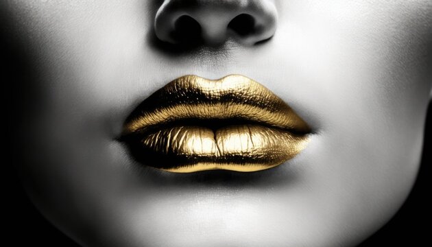 Fototapeta Golden lipstick closeup. Gold metal lips. Beautiful makeup. lips, bright lip gloss paint on beauty model girl's mouth, close-up. Lipstick. Black and white image, Generative AI