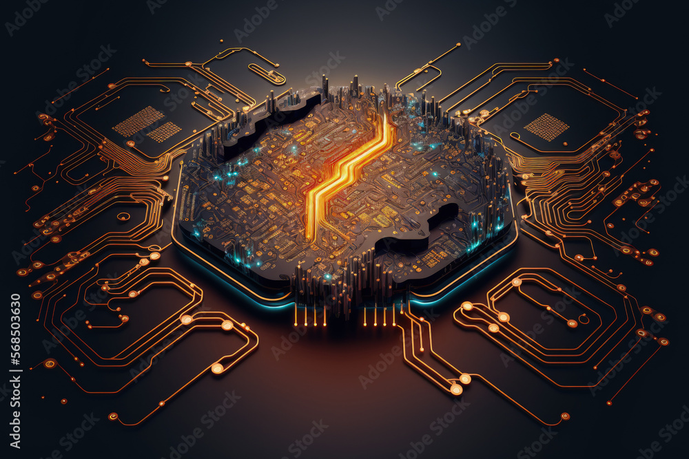 Poster technology circuit image against a dark background. conceptual image of global technology with a dig