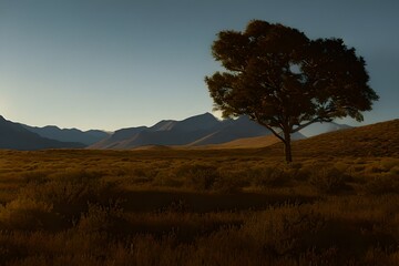 A tree in fields at sunset 