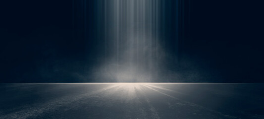 The dark stage shows, dark blue background, an empty dark scene, neon light, and spotlights The concrete floor and studio room with smoke float up the interior texture for display products