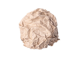 Piece of crumpled brown paper isolated on white background, close-up