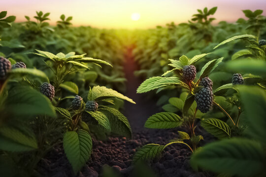 Background with a field of blackberry  plantations, sunrise. Blackberry  plants growing in a fertile soil on a field. Agriculture. generative AI

