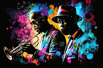 Fototapeta na wymiar Jazz music illustration. Two men playing instruments against a colorful background of musical notes and bubbles. Black background. Generative AI