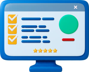 Personal page with review 3d icon. Test or survey, feedback five stars on professional worker or product. Avatar circle, correct marks on vector computer screen