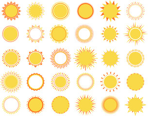 Sun icons, sunny badges design. Labels and stickers, suns decorative elements. Vector sunburst various shapes. Summer spring hot weather symbols