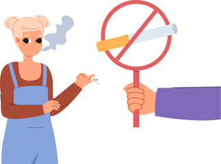 Smoking teenager and hand hold banner no smoking. Cartoon smoker, bad habit addiction. Young female character with cigarette vector concept