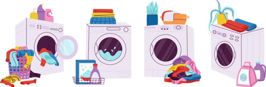 Washing Machine Scenes And Wash Powder, Clean Or Dirty Clothes Pile. Home Laundry, Dry Cleaning Service Or Public Laundries, Decent Vector Set