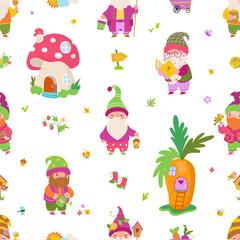 Obraz na płótnie Canvas Cartoon gnome seamless pattern. Fairy houses and dwarf, cute funny children magic tale fabric print template. Garden gnomes nowaday vector element