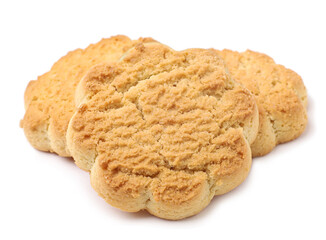 Three round cookies on a white background, close up