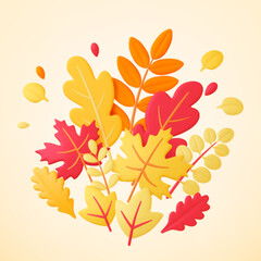 Autumn 3d leaves, leaf yellow bunch. Fall season isolated plants, maple and oak tree 3d foliage. Nature beauty, decorative pithy vector background