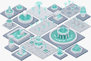 Isometric fountain set with outdoor park cascades isolated vector illustration EPS10. Vintage and modern architecture decor with splashing drops.