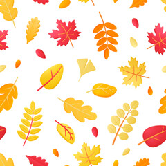 Autumn falling leaves seamless texture. Yellow red 3d leaf, maple and oak foliage pattern. Seasonal fall forest elements, nature vector background