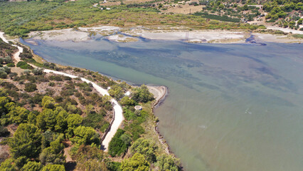 Fototapeta na wymiar Aerial drone photo of famous wetland at Vravrona, Attica, Mesogeia, Greece