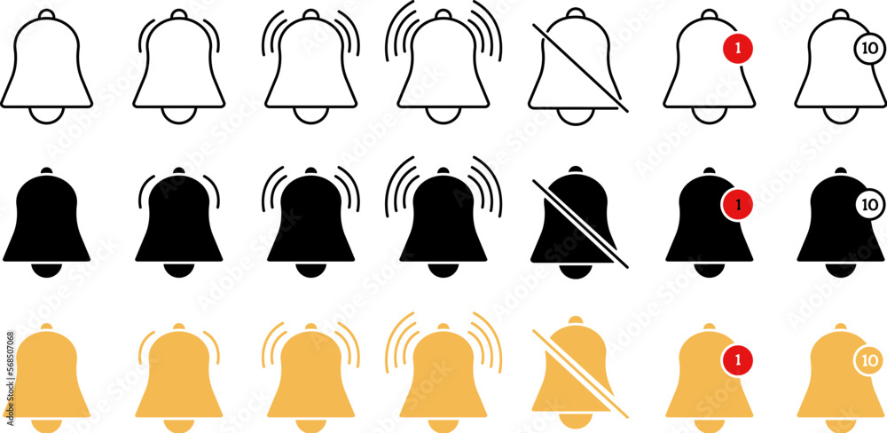 Wall mural Flat bells notifications icons. Bell icon, subscribe or notification symbol. Reminder, morning alarm or social media message alert, decent vector set