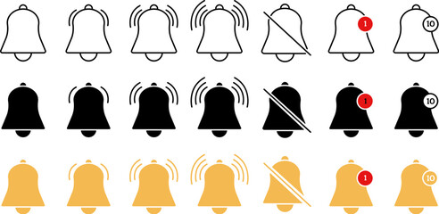 Flat bells notifications icons. Bell icon, subscribe or notification symbol. Reminder, morning alarm or social media message alert, decent vector set
