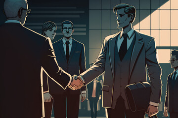 illustration cartoons of Business people shaking hands, finishing up a meeting (ai generated)