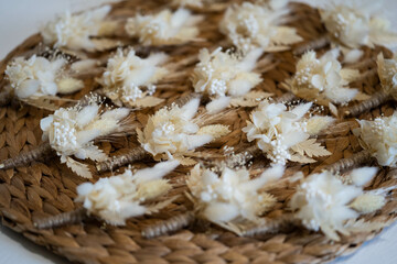 Close up of wedding boutonnieres. Concept: wedding, love, romance