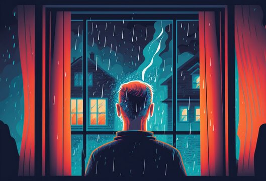 Cartoon Illustration, A Man Looking At The Rain From The Window And The City Street, Ai Generative