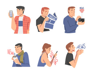 People Character Gathering News from Smartphone, Radio and Newspaper Vector Set