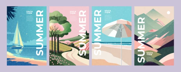 Fotobehang Summer nature landscape poster, cover, card set with sea view, sunny beach, mountains, fields and typography design. Summer holidays, vacation travel in Europe illustrations. © Tanya