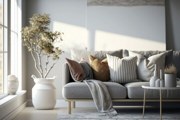 Modern, Scandinavian style of the interior with sofa, plants, chair and cushions. generative AI