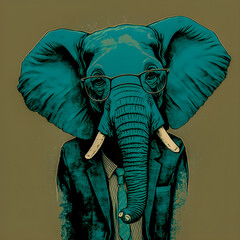 Obraz premium Funny Hipster Cute Elephant Art Illustration, Anthropomorphic Animals Generative AI 