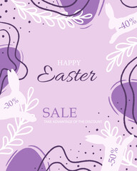 Easter sale banner. Trendy design with typography, hand painted plants, dots, eggs and bunny