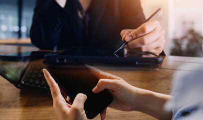 Businessman working at office with documents on his desk, doing planning analyzing the financial report, business plan investment, finance analysis concept