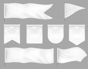 Realistic banner flags. 3D white blank textile signs and waving fabric for advertising. Realistic blank white fabric signs mockup for advertising, outdoor exhibition cotton waving flags