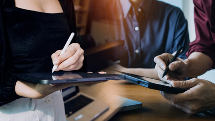 Businessman working at office with documents on his desk, doing planning analyzing the financial...