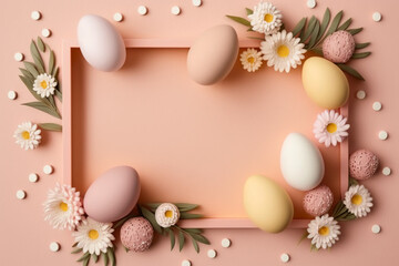 frame with easter eggs and flowers. top view. flat layout style. minimalist pastel background with copy space. Generative AI