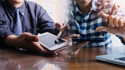 Businessman working at office with documents on his desk, doing planning analyzing the financial...