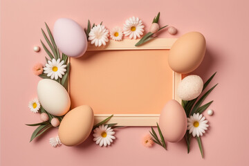 Naklejka na ściany i meble frame with easter eggs and flowers. top view. flat layout style. minimalist pastel background with copy space. Generative AI